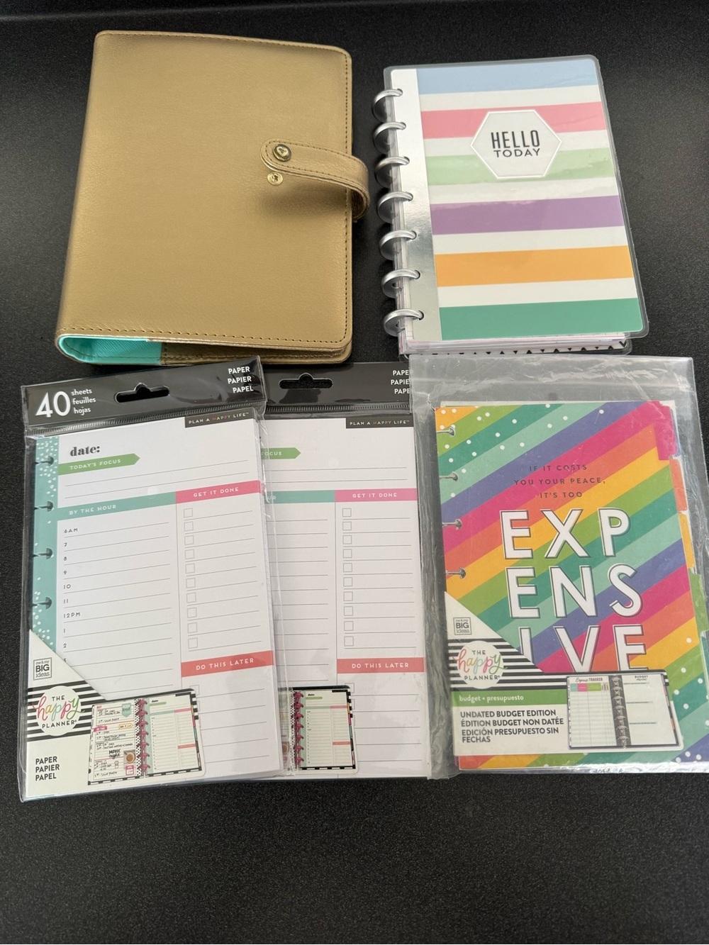 Happy Planner Gold Binder with Rainbow Stripe Inserts-5 pieces